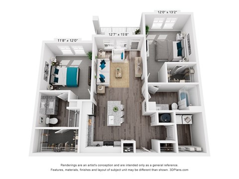 Floor plan for 2 beds, 2 baths, 1052 sqft